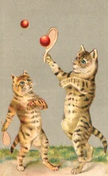 Zwei Katzen spielen mit Schlägern und Ball