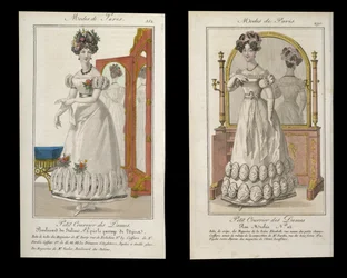 Zwei Modeplatten von Damen im Abendkleid, Anzeigen aus Modes de Paris, ca. 1825