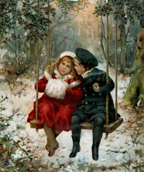 Zwei Kinder auf einer Schaukel. Der kleine Junge trägt einen Matrosenanzug und das kleine Mädchen einen Muff. Titelbild von Weihnachten 1905 „Illustrated London News“. Paris, Decorative Arts