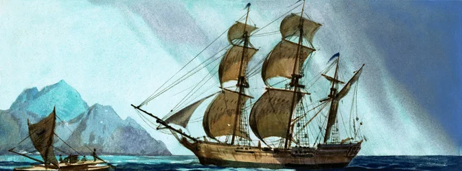 Unidentifiziertes Segelschiff nähert sich einer Insel