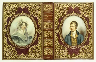 Obere und untere Einbände und Rücken mit ovalen Porträts von Robert Burns und Jessie Lewars