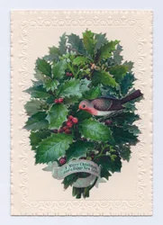 Viktorianische Weihnachts- und Neujahrskarte mit einem Rotkehlchen in einem Strauß aus Stechpalmenblättern, ca. 1880