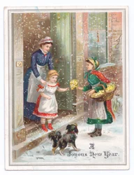 Viktorianische Neujahrskarte mit einem Dienstmädchen, das ein kleines Mädchen festhält, während sie Blumen von einem Blumenverkäufer im fallenden Schnee kauft, ca. 1880
