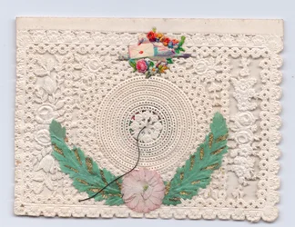 Viktorianische Grußkarte mit einem Bienenstock und einer Taube, die einen Umschlag hält, ca. 1880