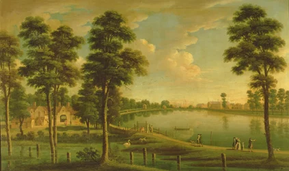Blick auf das Chelsea-Reservoir und die Wasserwerke, mit der Westminster Abbey im Hintergrund, ca. 1725