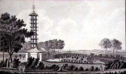 Blick auf einen niederländischen Garten mit einer chinesischen Pagode, ca. 1770