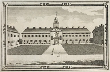 Ansicht der Ironmongers Company Almshouses, Kingsland Road, Hackney, um 1820