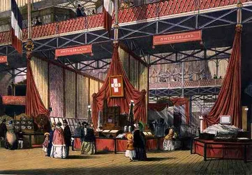 Ansicht des Schweiz-Bereichs der Großen Ausstellung von 1851, aus Dickinsons umfassenden Bildern (Farblithografie)