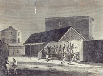 Ansicht der Tretmühle zur Beschäftigung von Gefangenen, errichtet im Zuchthaus in Brixton, veröffentlicht von Gent. Mag., Juli 1822