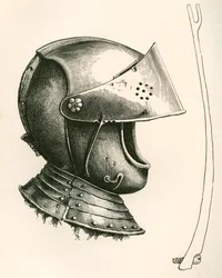 Visierhelm aus ca. 1643. Das Stück an der Seite ist die Visierstütze, in voller Größe, verwendet, um das Visier in verschiedenen Winkeln zu halten, je nach verwendetem Kerbe, aus Die britische Armee: Ihre Ursprünge, Fortschritte und Ausrüstung, veröffentli