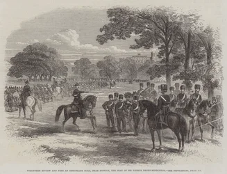 Freiwilligenüberprüfung und Fest in Shrubland Hall, in der Nähe von Ipswich, dem Sitz von Sir George Broke-Middleton