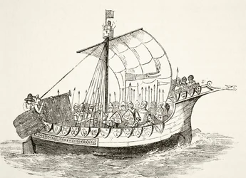 Kriegsschiff im 15. Jahrhundert, aus „The National and Domestic History of England“ von William Hickman Smith Aubrey (1858-1916), veröffentlicht in London, ca. 1890