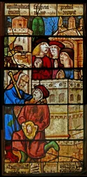 Fenster SaEw, Szene aus einer Legende des Heiligen Nikolaus: Der Teufel erwürgt einen Jungen, der ihm am Nikolaustag Essen anbot