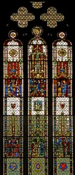 Fenster w31, Darstellung eines zusammengesetzten Fensters mit St. Edmund, St. William, St. Georg, Verkündigung, Anbetung der Heiligen Drei Könige
