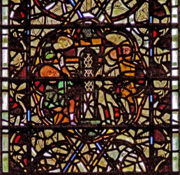 Fenster w60 mit dem hl. Paulus, der in einem Korb herabgelassen wird