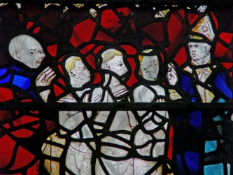Fenster w6, Szene aus einer Legende von St. Nikolaus: das Wunder der 3 Jungen: die drei Jungen in der Wanne darstellend