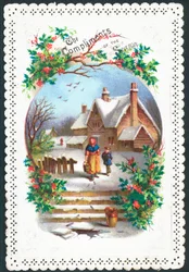 Frau und Junge gehen im Schnee, Weihnachtskarte