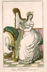 Frau in einem Pariser Kleid und einem Strohhut mit Krepp, die Harfe spielt, Illustration aus dem 