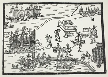 Holzschnitt, der den Weinhandel zwischen Bordeaux und England illustriert