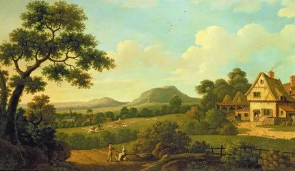Waldlandschaft mit Figuren am Straßenrand