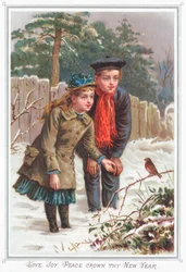 Junges Paar schaut auf Rotkehlchen, Neujahrskarte