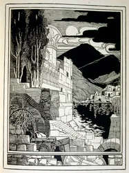 Die Ruinen von Sodom, aus dem Buch Juda illustriert von Ephraim Moses Lilien (1874-1925). Lilien gilt als Vater der zionistischen Ikonographie, geschaffen im Jugendstil. Er illustrierte 