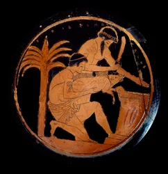 Griechische Kunst: Schale mit roten Figuren in Keramik, Medaillon: Opferung eines Schweins auf einem Altar während eines religiösen Ritus. Gefertigt vom Maler von Epidromos. 500 v. Chr. Paris, Louvre Museum