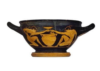 Attische rotfigurige Kylix-Skyphos, verziert mit zwei nackten Jugendlichen, die neben einem Säulenkrater knien, ca. 520-500 v. Chr.