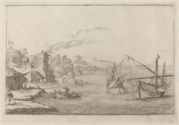 Küstenlandschaft mit verankerten Schiffen
