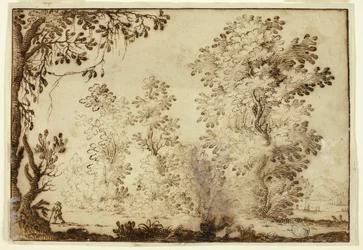 Waldlandschaft mit Reisendem im Vordergrund