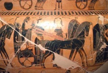 Detail von Zeus und Hera in einem Wagen mit Kaliope vom François-Vase, 6. Jahrhundert v. Chr. (Detail)