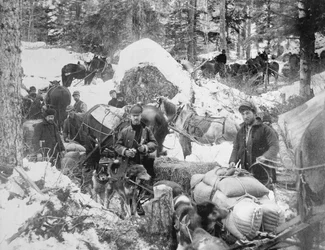 Goldsucher beim Aufstieg auf den Porcupine Hill am Skagway Trail in Alaska während des Klondike-Goldrauschs (1897-98), 1898