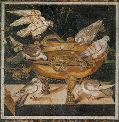 Vögel trinken aus einer Schale. Mosaik aus Pompeji, Italien