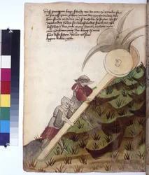 Ganzseitig: Streitwagen mit bewaffnetem Eisenkopf, geschoben von zwei Soldaten in Rüstung, um 1430 (farbige Federzeichnung)