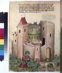 Ganzseitig: Anweisungen zur Beruhigung von Hunden vor einer Festung, um 1430 (farbige Federzeichnung)