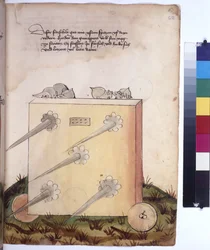 Ganzseitig: Mobiler Wachturm, mit Speeren und Soldaten in Rüstung dahinter, um 1430 (farbige Federzeichnung)