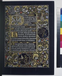 Vollseite: Text mit Initialen, mit Medaillons in den Rändern von Ranken, 3. Viertel des 15. Jahrhunderts