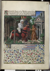 Vollseite: Text mit gemalter Initiale, gerahmter Miniatur und Rand