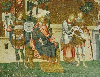 Gouverneur Cyrenus, ein Wächter und die Beamten lesen die Namensliste für die Volkszählung