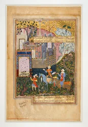 Khosrau I und sein Wesir vor den Ruinen: Seite eines Manuskripts aus Der Schatz der Geheimnisse - das erste der fünf Gedichte aus Nezamis Khamsa