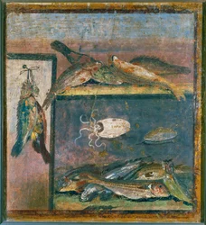 Stillleben mit Vögeln, Fisch und Oktopus