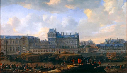 Ansicht des alten Louvre und des Petit Bourbon, von der Seine aus gesehen