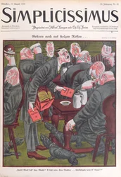 Adolf Hitler (1889-1945) beim Verkauf von Exemplaren von „Mein Kampf“ in den Münchner Bierhallen, Titelblatt des „Simplicissimus“, 25. August 1925