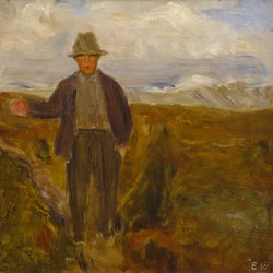 Mann mit dem Berg Smiubelgen und Rondane im Hintergrund