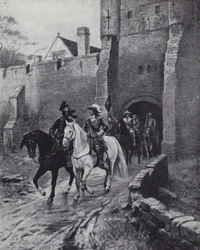 Oliver Cromwell mit seiner Armee am Bootham Bar, York, als Karl II. 1650 versuchte, den Thron zurückzuerobern (Lithografie)