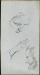 Skizzenbuch, Seite 70: Studie von zwei Gesichtern und einer Hand