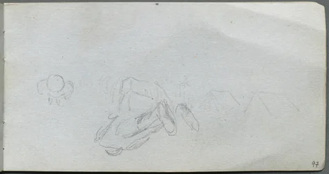 Skizzenbuch, Seite 97: Studie von Figuren, Gebäuden
