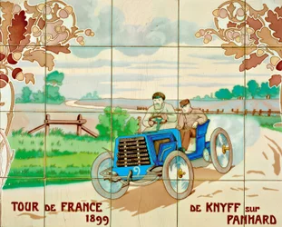 De Knyff fährt ein Panhard-Auto bei der Tour de France 1899: Keramikfliesen hergestellt von Gilardoni Fils et Cie aus Paris, nach einer Zeichnung von Ernest Montaut (1878-1909)
