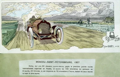 Autorennen: Moskau - St. Petersburg, um 1900, Zeichnung von Ernest Montaut (1878-1909)