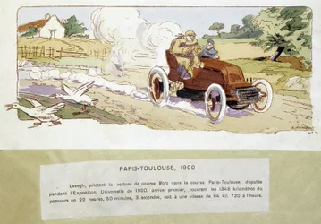 Das Paris - Toulouse Rennen im Jahr 1900, Zeichnung von Ernest Montaut (1878-1909)